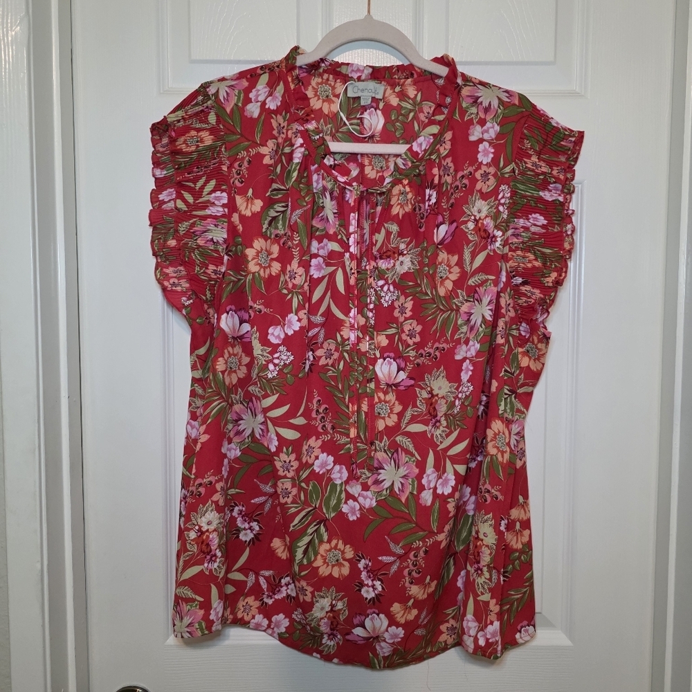 Chenault 2X Floral Blouse Top Ruffle Sleeve